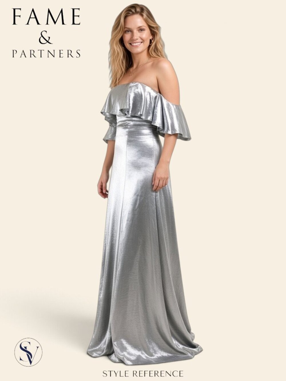 NWT Fame & Partners Metallic Ruffled Off-The-Shoulder Gown Size 8